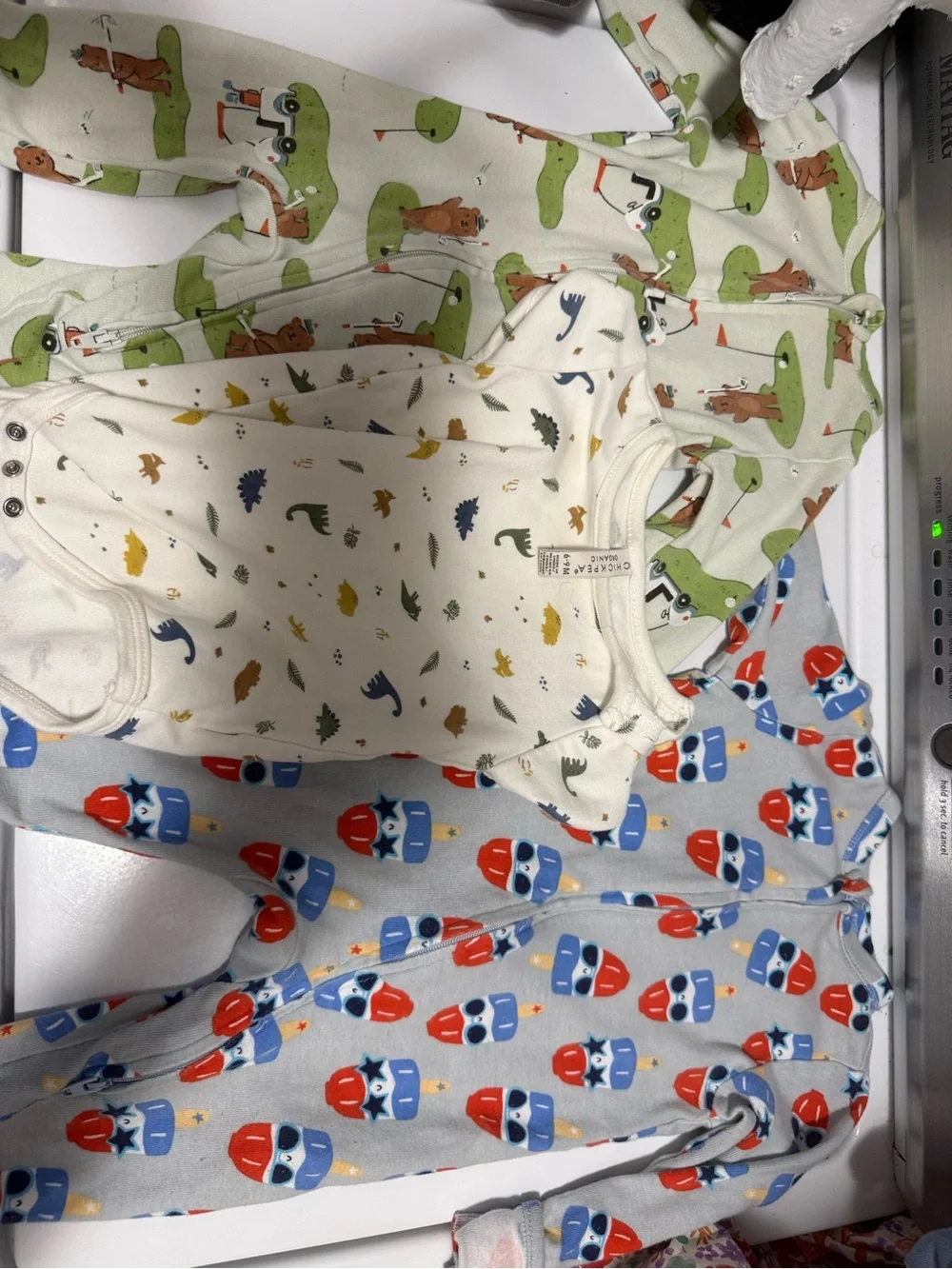 Old Navy Cream, Green & Light Blue Dino and Rocket Print Baby Footies Trio